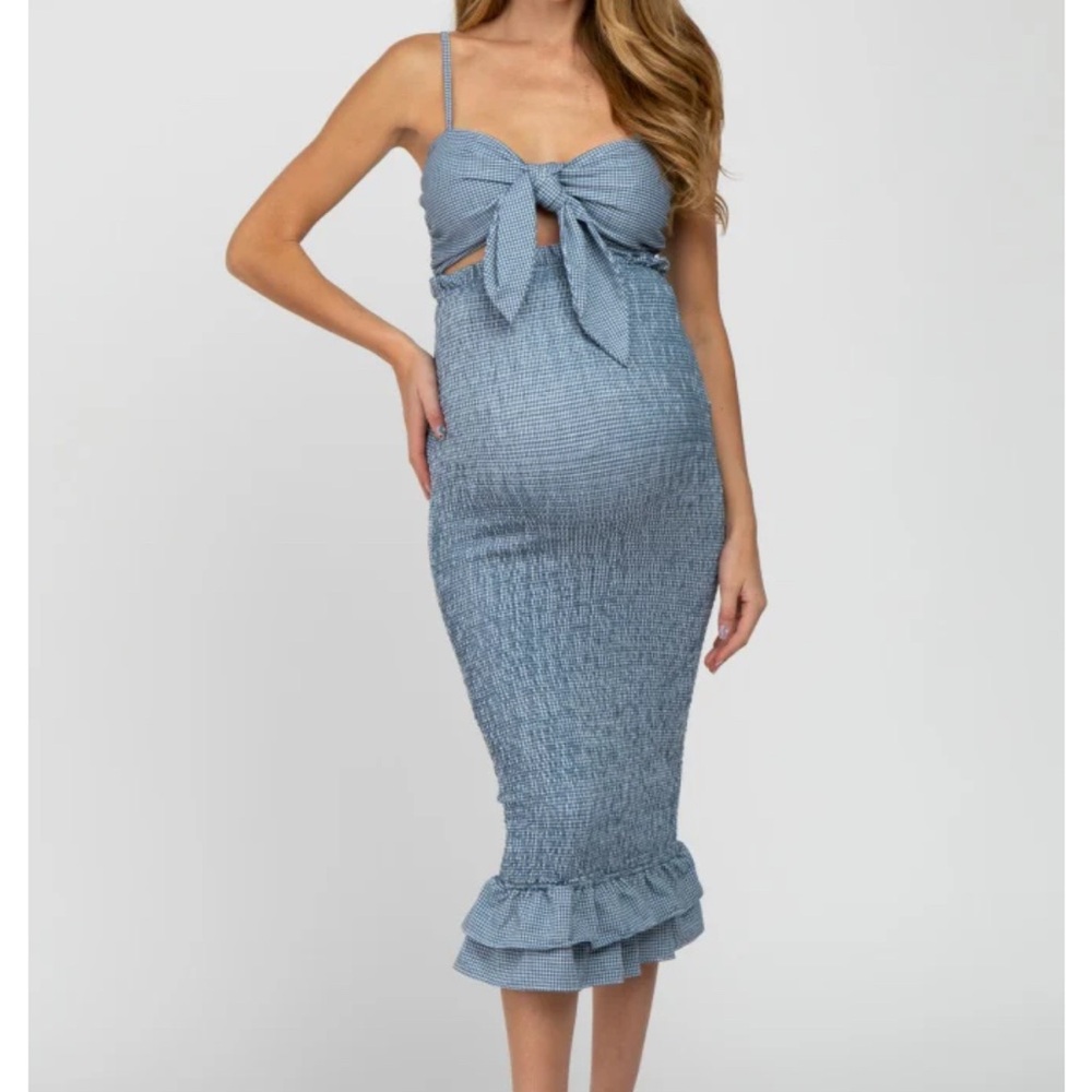 Pink Blush Blue Smocked Gingham Maternity Dress